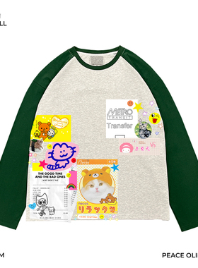 斑驳设计师工作室！元气招财猫插肩长袖T恤千禧风宽松减龄穿搭