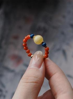 《锦瑟》蜜蜡南红戒指小米珠