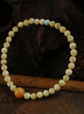 天然白花蜜蜡绿松手串老蜡文玩