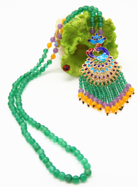 景泰蓝孔雀酒红石榴石毛衣项链