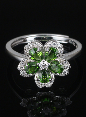 天然透辉石绿色女戒纯银气质百搭