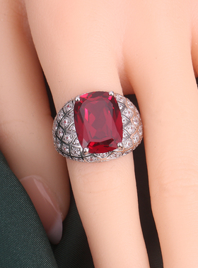 鸽血红s925银镶嵌宝石戒指欧美