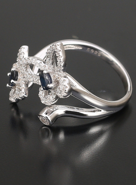 女士银镀金镶蓝宝石气质开口女戒