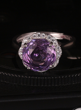 新款紫晶彩宝气质玫瑰切工艺戒指