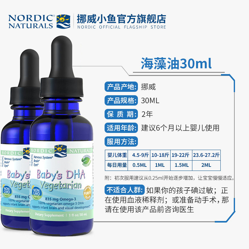 美国原装挪威小鱼婴幼儿海藻油滴剂 NordicNaturals海外DHA/核桃油