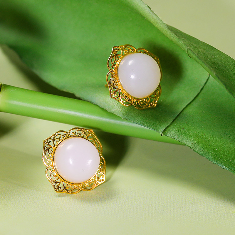 和合玉器和田玉羊脂白玉18k金镶玉玉珠蛋面耳钉如卓耳饰耳环设计,淘宝优惠券,粉丝福利购,淘宝优惠卷