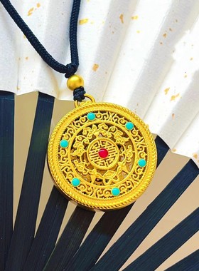 999足金24k黄金五福圆盘吊坠挂坠