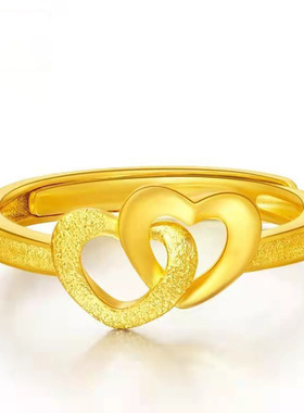 足金戒指24k黄金双爱心开口指环