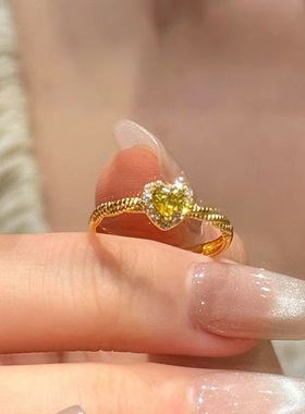 足金999黄金24k爱心形锆石戒指女