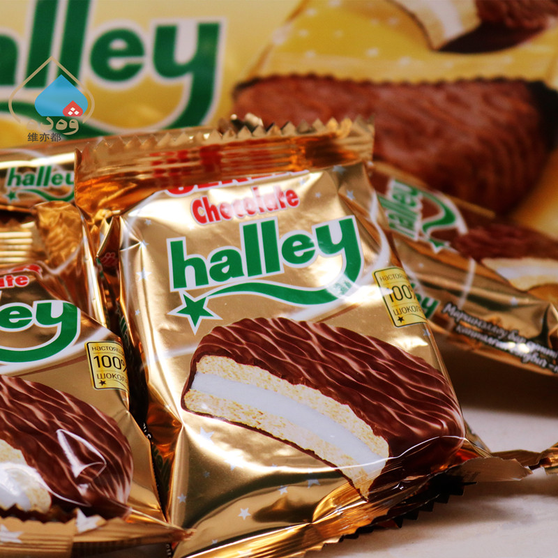 优客Halley哈雷棉花糖夹心巧克力派224g可可脂哈萨克斯坦进口包邮-图0