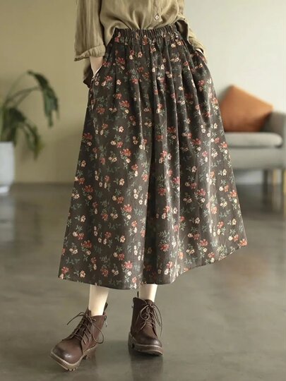 Pure cotton floral skirt spring and autumn new middle-aged mother's clothing retro age-reducing large size temperament high-waisted a-line skirt for women