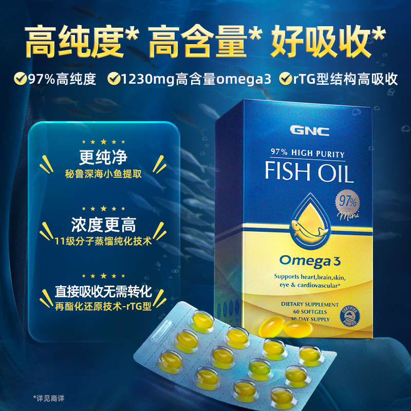 美国进口97%高纯度深海鱼油omega3高浓度软胶囊dha成人健身女性 - 图0