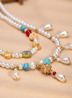 中式复古仿珍珠水滴吊坠多层项链