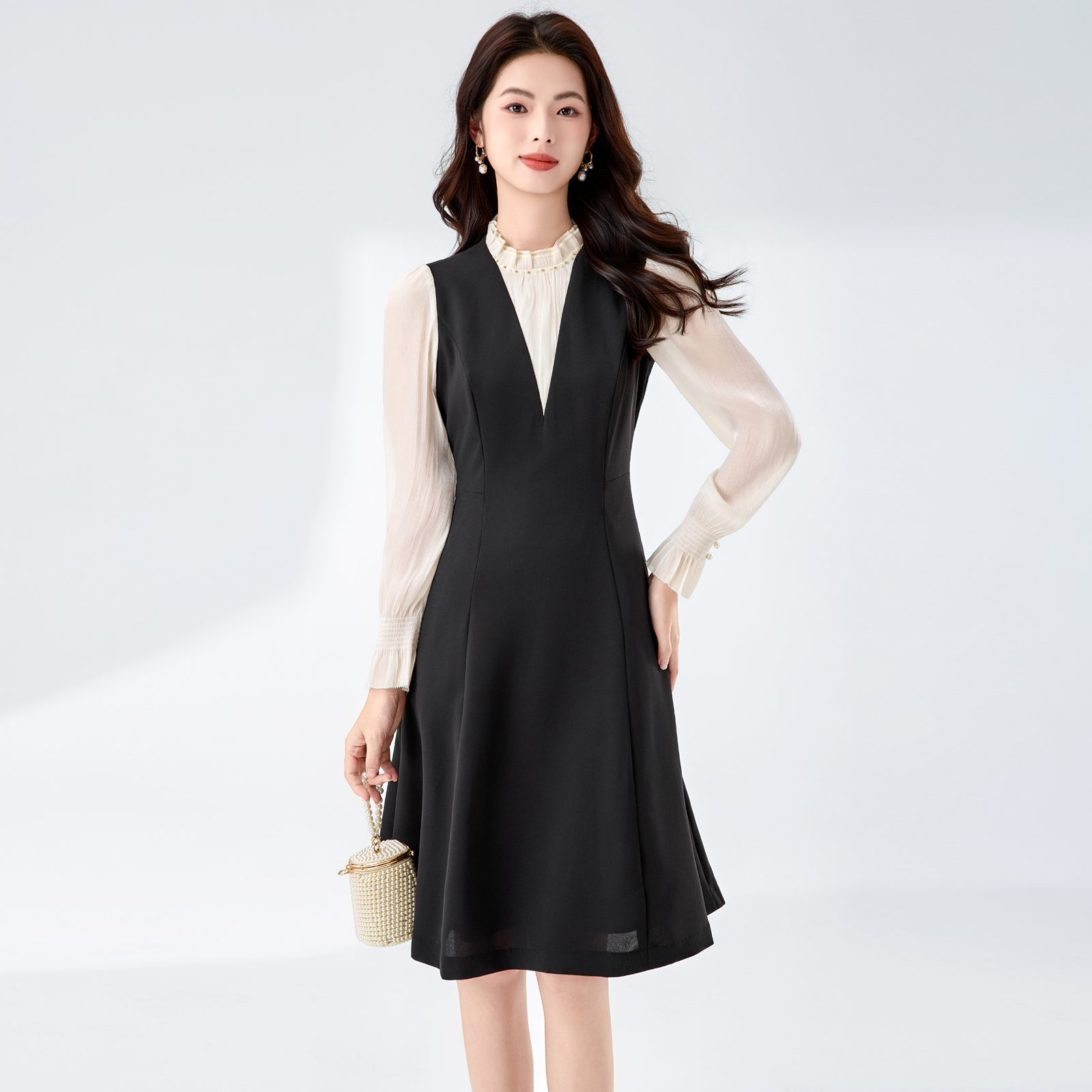 假两件连衣裙女25春秋气场立领裙子职业正式场合精致高级感A字裙 - 图1