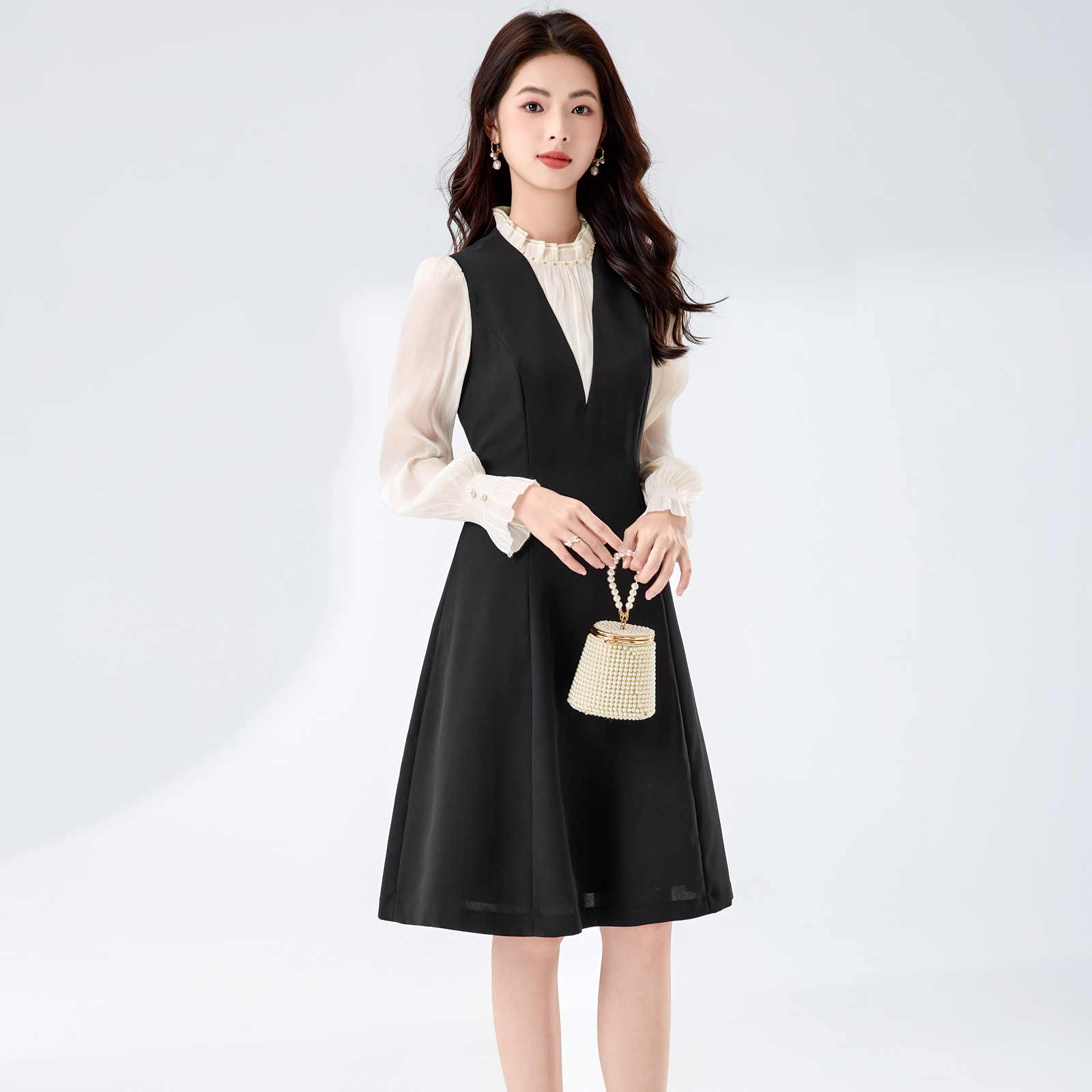假两件连衣裙女25春秋气场立领裙子职业正式场合精致高级感A字裙 - 图0
