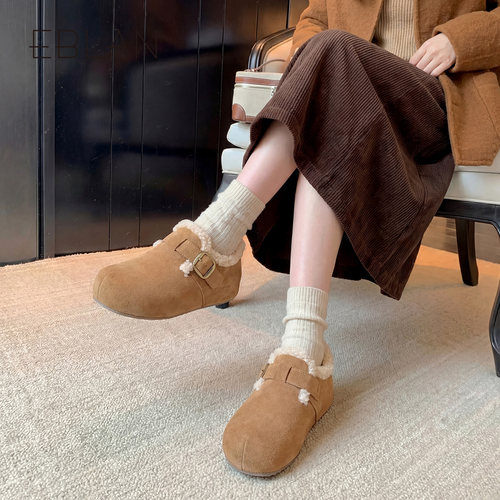 EBLAN/伊伴厚底毛毛勃肯鞋女2025冬季新款加绒保暖内增高雪地棉靴 - 图3