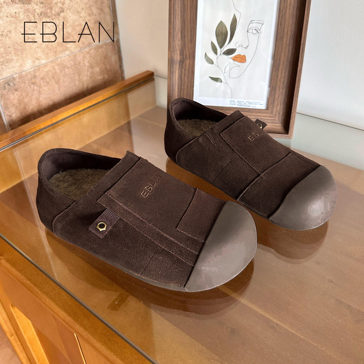 EBLAN/伊伴复古厚底勃肯鞋女2025秋冬新款加绒内增高单鞋毛毛棉鞋 - 图0