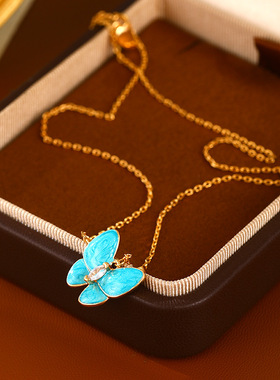 简约珐琅彩蝴蝶锆石项链耳钉轻奢小众高级感锁骨链百搭精致耳环女