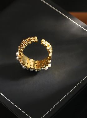 法式锆石镂空珍珠开口戒指小众高级感简约精致食指戒时尚气质手饰