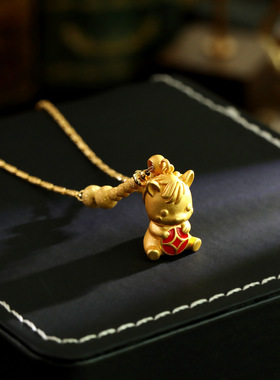 古法沙金生肖马年元宝福禄金钱项链鸿运当头小马碎金复古锁骨链潮