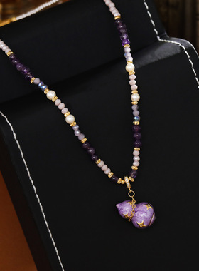 新中式复古珐琅紫葫芦吊坠串项链女长款珍珠毛衣链国潮精致锁骨链