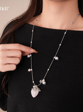 甜美小清新草莓吊坠项链小众设计感珍珠减龄长毛衣链百搭时尚配饰