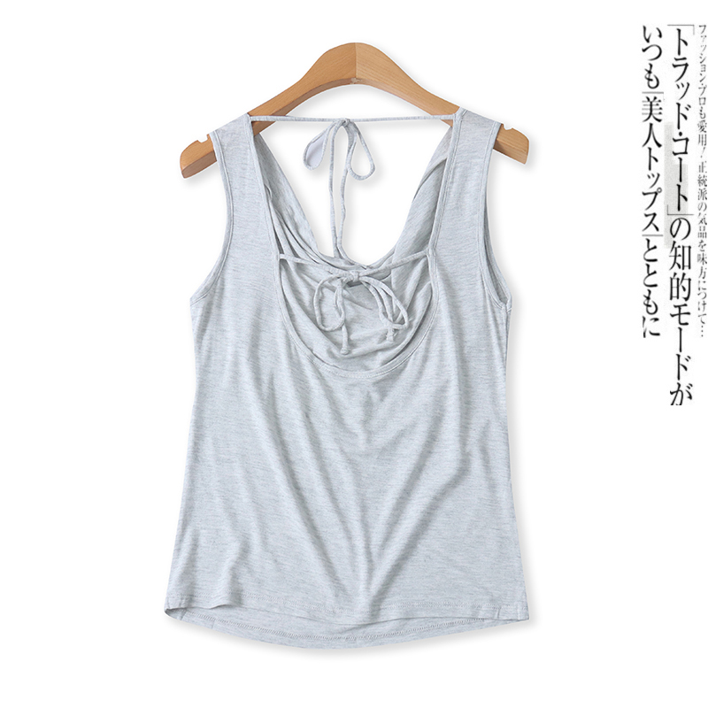 露背无袖上衣春夏新款外贸女装百搭时尚堆堆领修身后绑带T恤17525