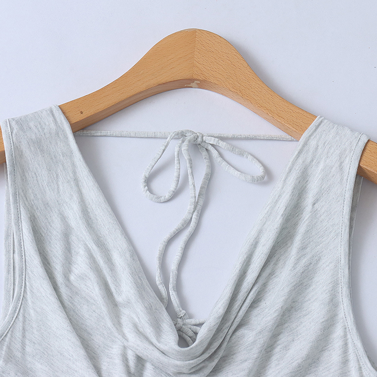 露背无袖上衣春夏新款外贸女装百搭时尚堆堆领修身后绑带T恤17525