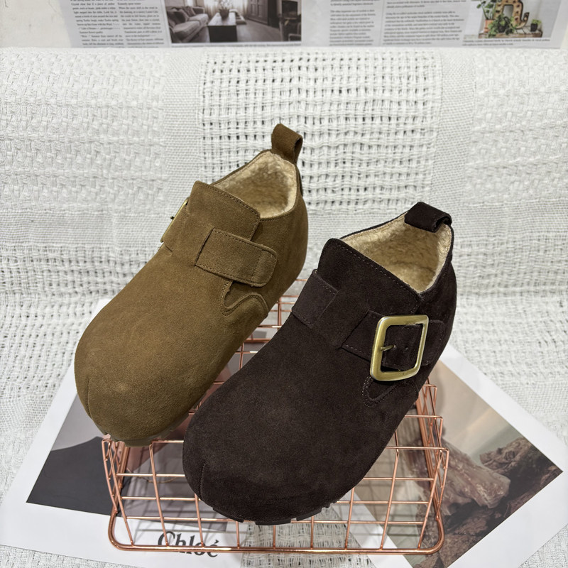 韩版2025冬季新款真皮反绒高帮勃肯鞋女乐福鞋平底一脚蹬加绒棉鞋,淘宝优惠券,粉丝福利购,淘宝优惠卷