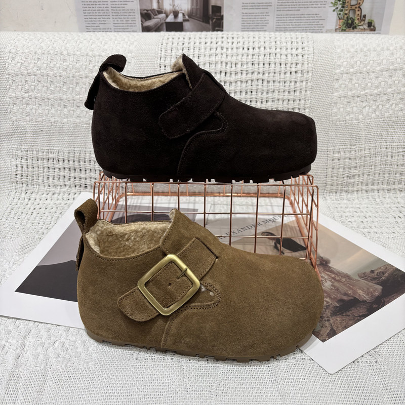 韩版2025冬季新款真皮反绒高帮勃肯鞋女乐福鞋平底一脚蹬加绒棉鞋,淘宝优惠券,粉丝福利购,淘宝优惠卷