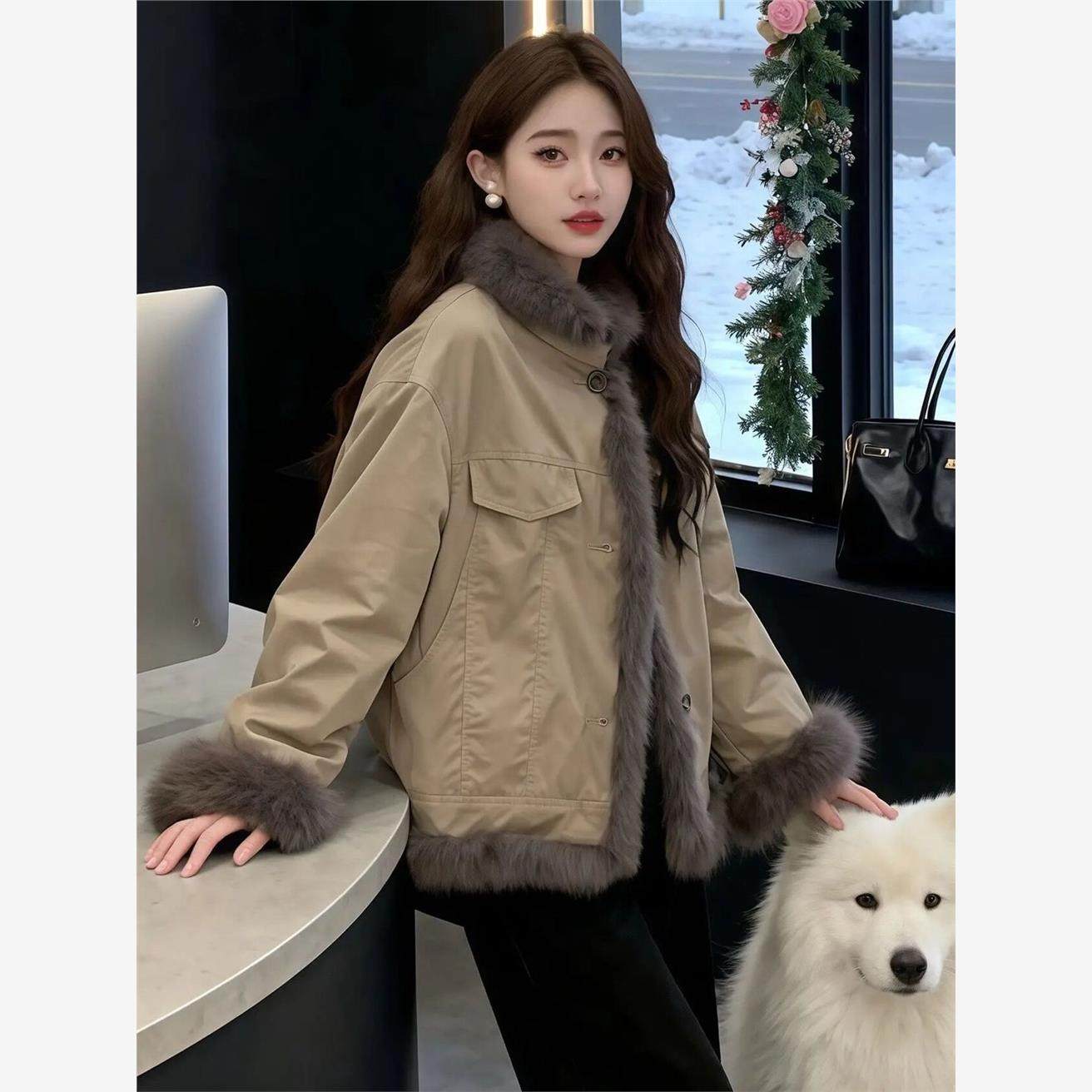 休闲工装风双面穿毛领派克服外套女冬季保暖时尚洋气高级棉服外套,淘宝优惠券,粉丝福利购,淘宝优惠卷