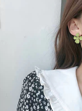 塑料针耳钉绿色个性日韩森系超仙花朵耳环女气质百搭防过敏耳饰品