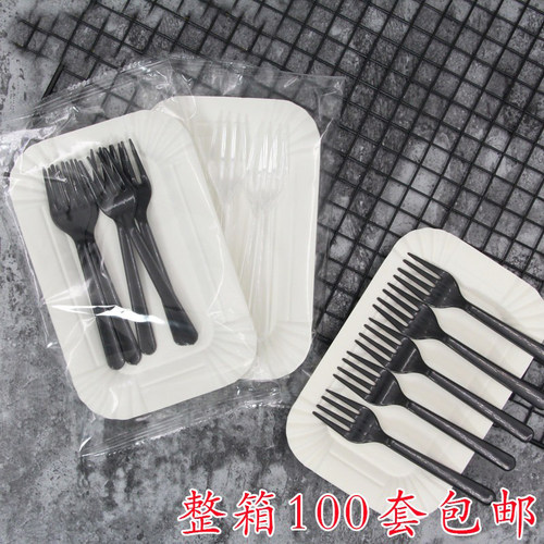 一次性蛋糕纸盘刀叉盘碟组合套装5盘5叉生日长方盘四齿叉餐具包邮 - 图0