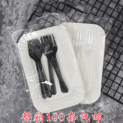 一次性蛋糕纸盘刀叉盘碟组合套装5盘5叉生日长方盘四齿叉餐具包邮 - 图1