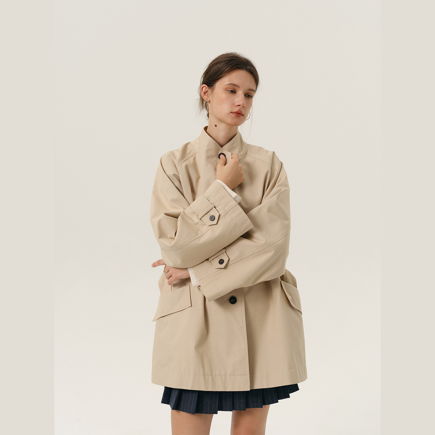 NANCYLILI26春新品浅卡其色立领风衣中长款单排扣松弛显瘦外套女,淘宝优惠券,粉丝福利购,淘宝优惠卷