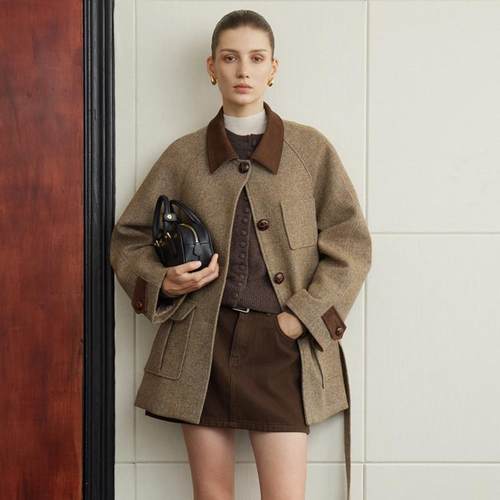 NANCYLILI 牛仔半身裙女秋季复古送腰带包臀A字裙咖色做旧短裙 - 图0