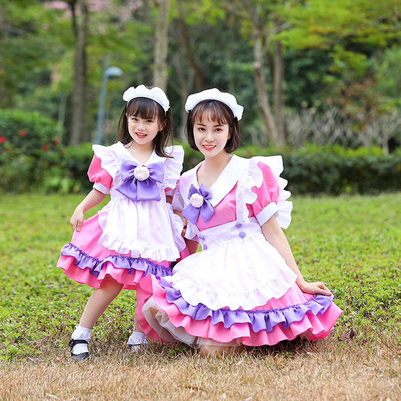 新作親子メイドピンクスカート猫爪蝶々結びロリータ子供の日の可愛いファッション