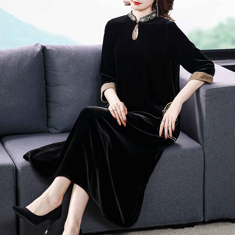 颖悦旗舰店金丝绒连衣裙年新款秋冬高端大码女装贵夫人妈妈旗袍改良裙子1