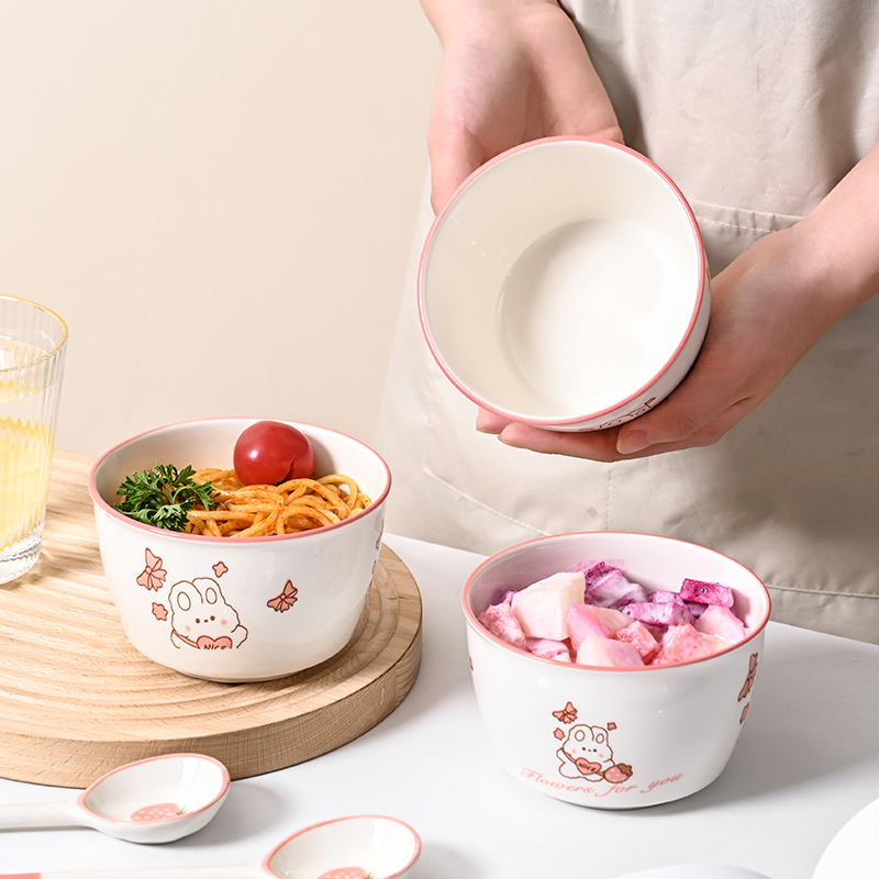 陶瓷碗可爱高颜值米饭碗餐厅家用饭碗汤碗釉下彩白瓷碗耐高温微波
