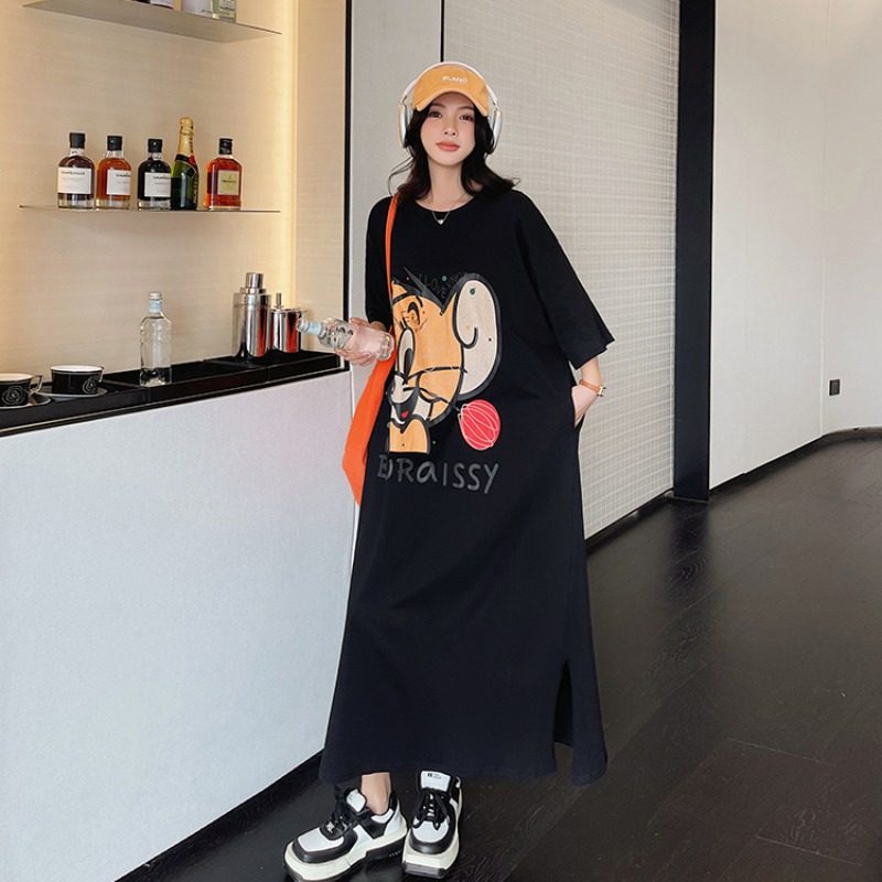 卡通印花短袖T恤长裙女2025夏季新款胖mm大码宽松显瘦圆领连衣裙,淘宝优惠券,粉丝福利购,淘宝优惠卷