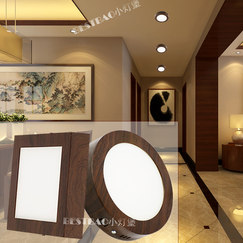 明装木纹筒灯圆形方形中式超薄防眩护眼玄关走廊过道免开孔吸顶灯,淘宝优惠券,粉丝福利购,淘宝优惠卷