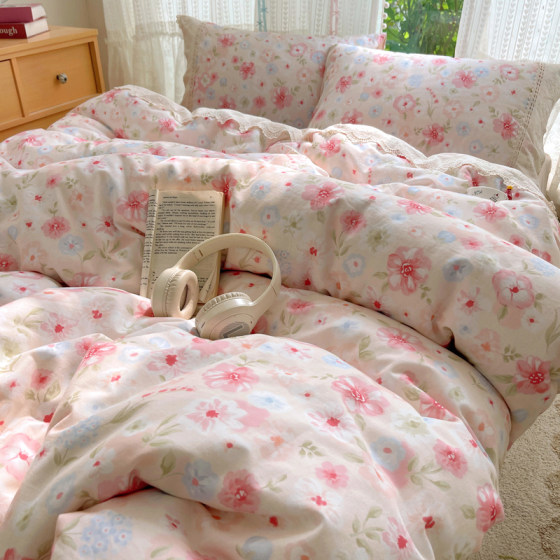 Thickened cotton brushed four-piece set pure cotton quilt cover sheet ins style floral bedding bed sheet dormitory three-piece set