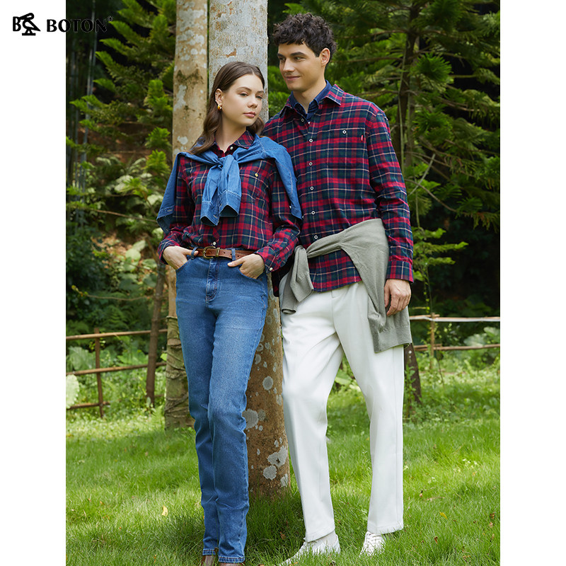 波顿2025秋季新款男士翻领修身长袖衬衫中厚磨毛格子衬衣男款长袖,淘宝优惠券,粉丝福利购,淘宝优惠卷