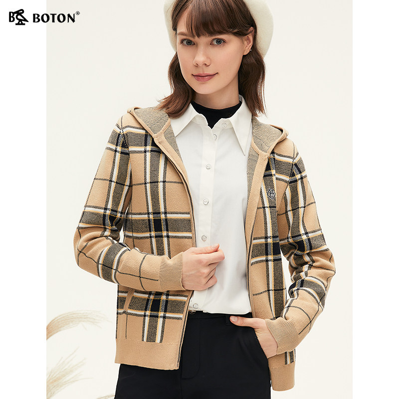波顿2025秋冬季新款女士连帽卡其蓝黄色格子毛衣卫衣外套高端上衣,淘宝优惠券,粉丝福利购,淘宝优惠卷