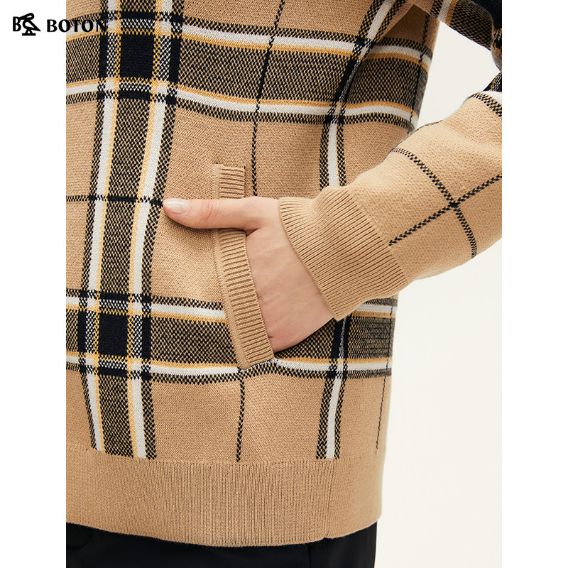 波顿2025秋冬季新款女士连帽卡其蓝黄色格子毛衣卫衣外套高端上衣,淘宝优惠券,粉丝福利购,淘宝优惠卷