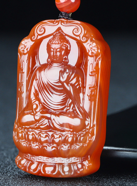 天然凉山保山南红玛瑙柿子红本命佛 阿弥陀佛 狗猪守护神吊81号