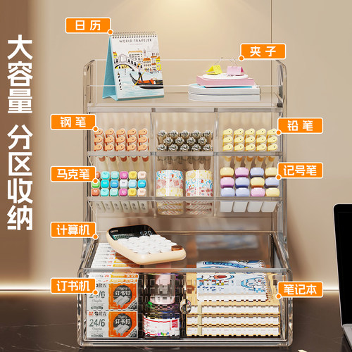 桌面文具收纳学生大容量分格笔筒书桌上铅笔桶斜插式工位整理神器 - 图0