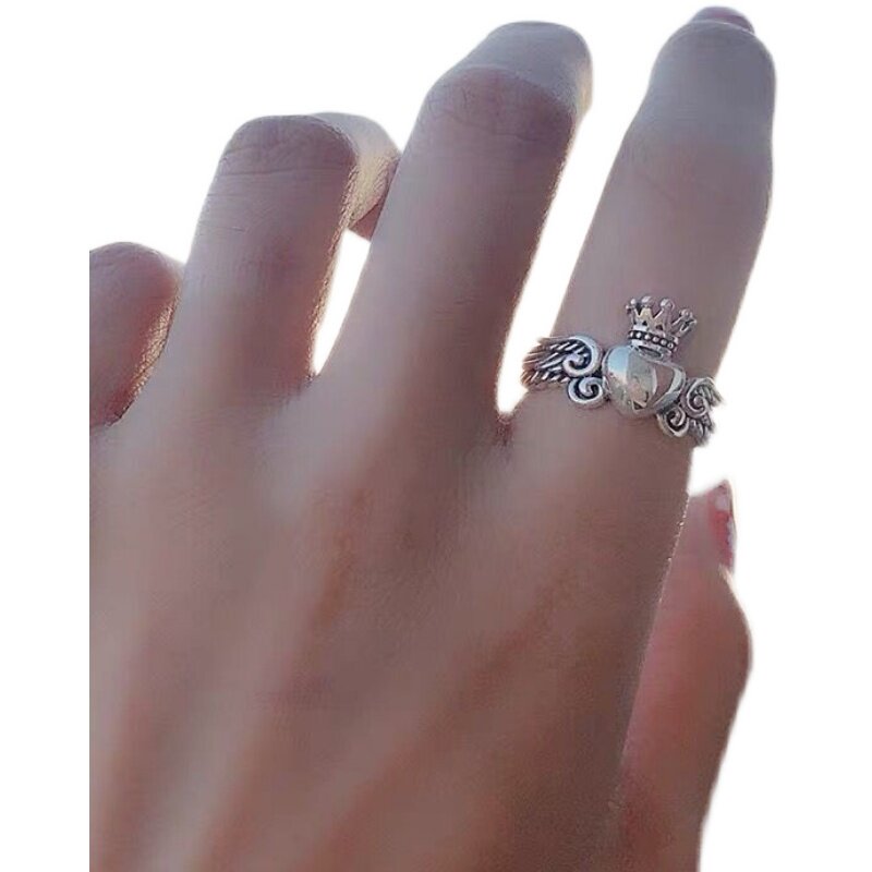 Brand Crow 925 sterling silver retro love crown ring men and women heart trend wing open ring Japanese and Korean ring