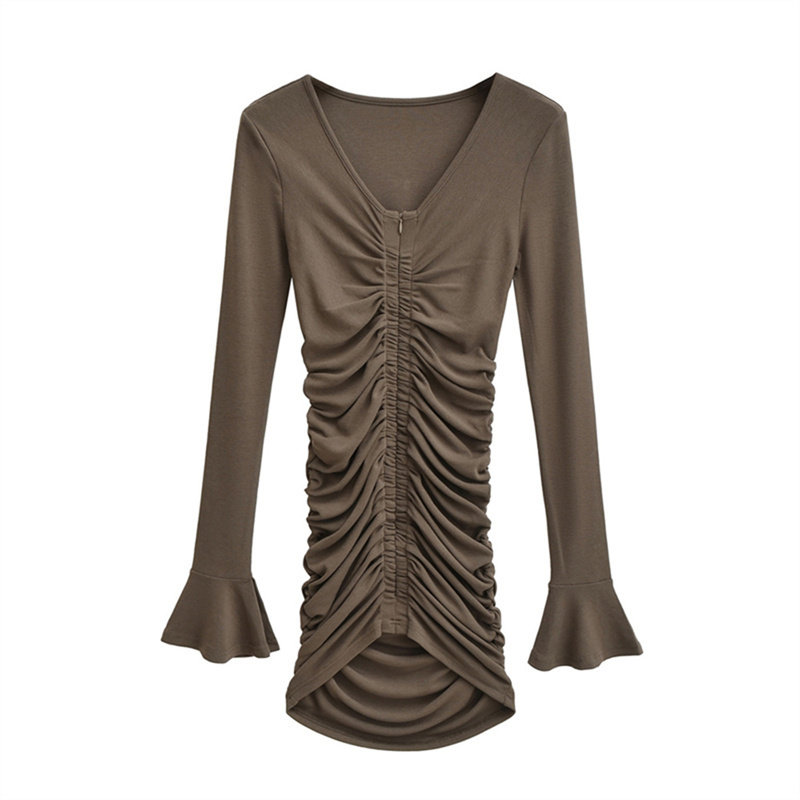 纯欲v领性感两面穿修身抽褶遮肉连衣裙女喇叭袖弹力包臀裙子短裙,淘宝优惠券,粉丝福利购,淘宝优惠卷