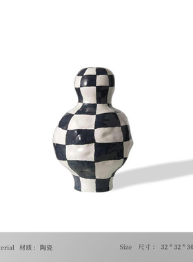 轻奢网红ins风黑白棋盘格陶瓷花瓶样板间售楼部书房装饰花器摆i.